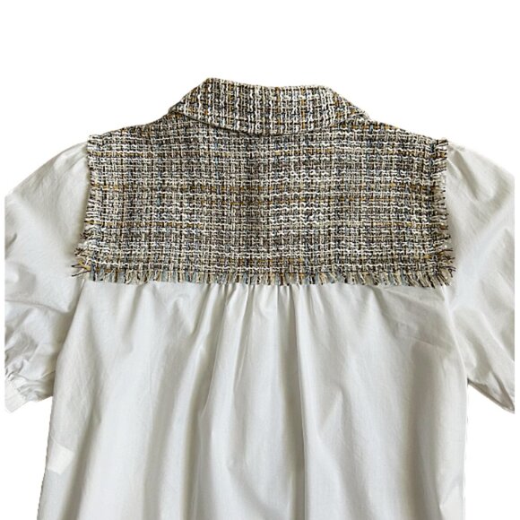 Zara White Puff Sleeve Blouse Cream Tweed Trim Contrast Button Front Shirt M - Picture 7 of 10